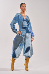 COMFY COZY JUMPSUIT IN DENIM PATCHWORK