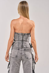 TICKED AND TIED LACE DETAIL DENIM CORSET