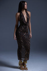 LENNON PRINTED MESH RHINESTONE MIDI DRESS