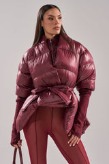 RIB SLEEVE PEPLUM PUFFER IN BURGUNDY
