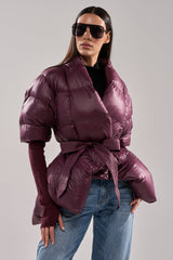 RIB SLEEVE PEPLUM PUFFER IN PURPLE