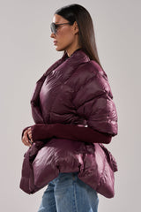 RIB SLEEVE PEPLUM PUFFER IN PURPLE