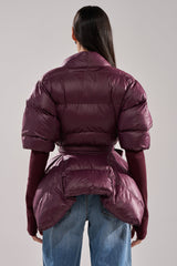RIB SLEEVE PEPLUM PUFFER IN PURPLE