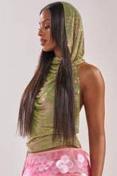 IN MY MIND HOODED CHAINMAIL TOP IN GREEN