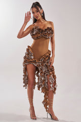 CITY LIGHTS RUFFLE MIDI DRESS IN BRONZE