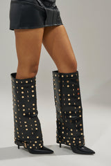 AZALEA WANG ANISSA BLACK MULTI GOLD HARDWARE STILETTO BOOT