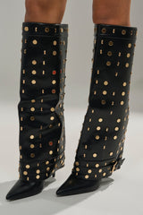 AZALEA WANG ANISSA BLACK MULTI GOLD HARDWARE STILETTO BOOT