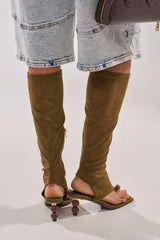 AZALEA WANG DOTTIE OLIVE STRETCH FAUX SUEDE BOOT WITH EMBELLISHED HEEL AND TOE HARDWARE