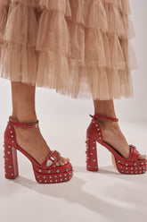 AZALEA WANG EUGENIJA RED CHUNKY EMBELLISHED STUDDED SANDAL