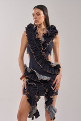 SAY IT AGAIN RUFFLED DENIM MINI DRESS IN DARK BLUE DENIM