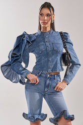 SEIZE THE DAY LONG SLEEVE FLOUNCE MEDIUM BLUE DENIM TOP
