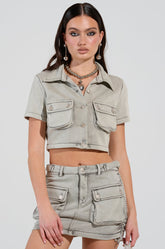 TATIANA MINERAL WASHED CROPPED BUTTON DOWN