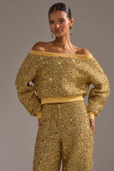 PRETTY IN GOLD OFF THE SHOULDER SWEATSHIRT