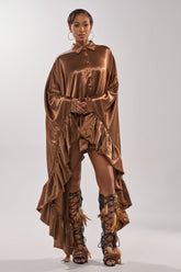 WONDERLUST SATIN LONG SLEEVE MINI DRESS IN BROWN