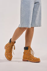 AKIRA GOLD LUSTER TAN EMBELLISHED FLAT COMBAT FESTIVAL BOOTIE