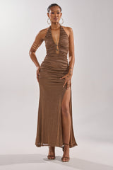 SERPENTI PLUNGE MAXI DRESS IN METALLIC BROWN