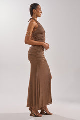SERPENTI PLUNGE MAXI DRESS IN METALLIC BROWN