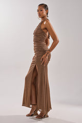 SERPENTI PLUNGE MAXI DRESS IN METALLIC BROWN