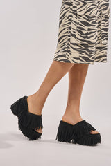 AKIRA GOLD RAMYA BLACK FRINGE PLATFORM SANDAL