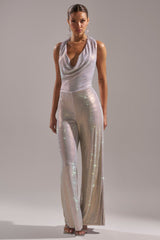 MAKE YOU DO A DOUBLE TAKE RHINESTONE JUMPSUIT IN CHAMPAGNE