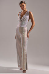 MAKE YOU DO A DOUBLE TAKE RHINESTONE JUMPSUIT IN CHAMPAGNE