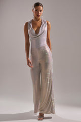 MAKE YOU DO A DOUBLE TAKE RHINESTONE JUMPSUIT IN CHAMPAGNE