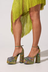 AZALEA WANG ZIPPHORA GREEN MULTI BROCADE PLATFORM PUMP