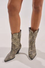 AZALEA WANG ZIRENNE GOLD AND BLACK BROCADE RHINETSTONE EMBELLISHED WESTERN BOOT