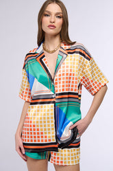 LET IT GO SATIN PRINT BUTTON DOWN BLOUSE