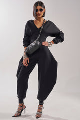 COMFY COZY SWEATSHIRT JUMPSUIT IN BLACK