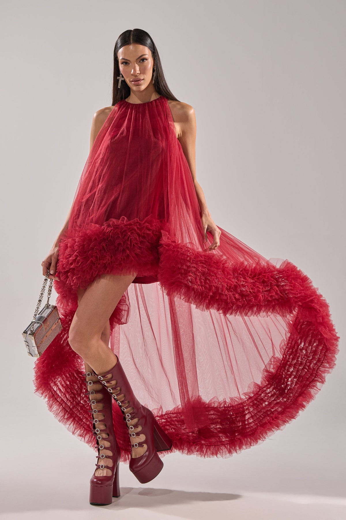 ARI TULLE HIGH LOW DRESS IN BURGUNDY