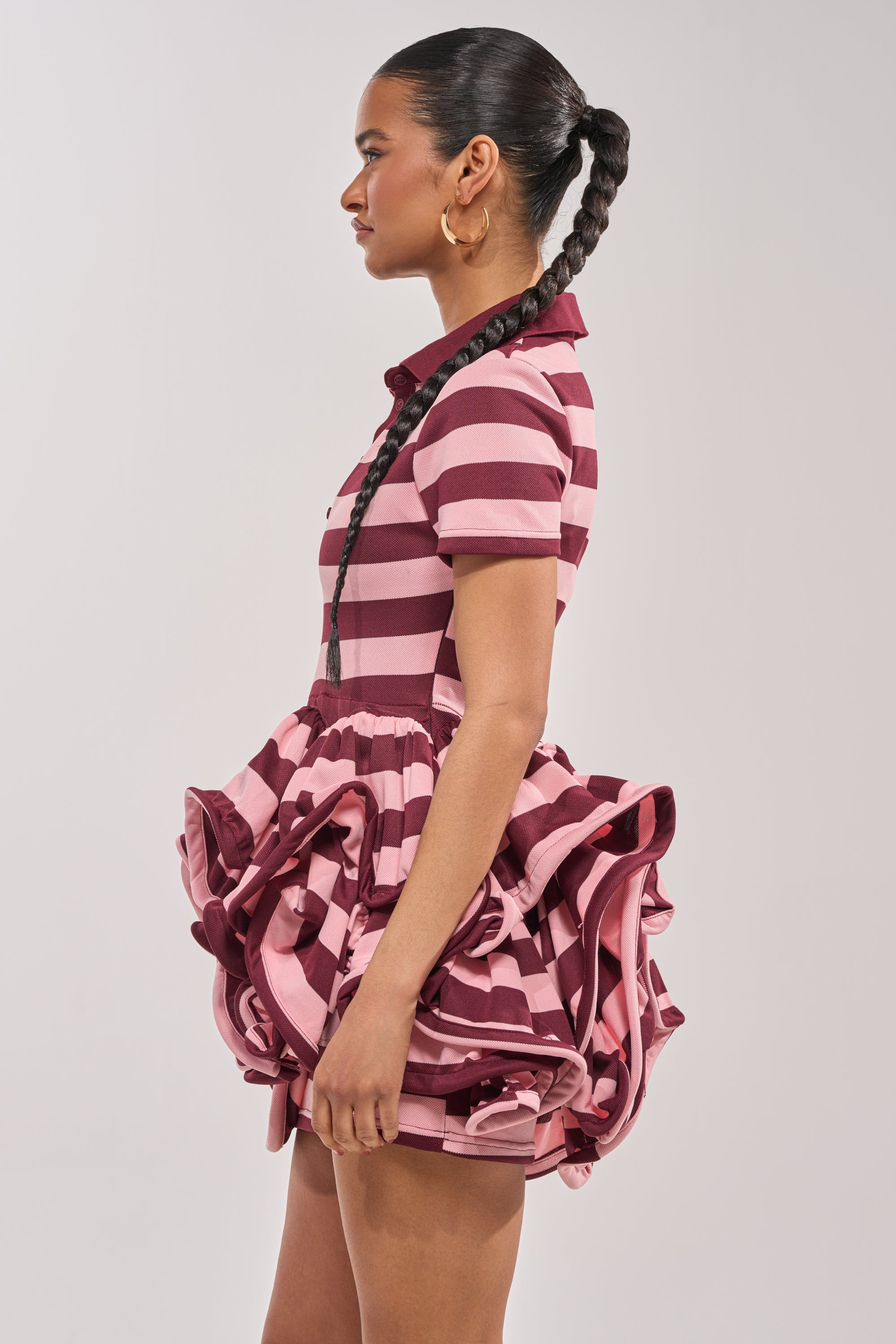OFFICE SIREN STRIPED SHIRT DRESS IN BURGUNDY