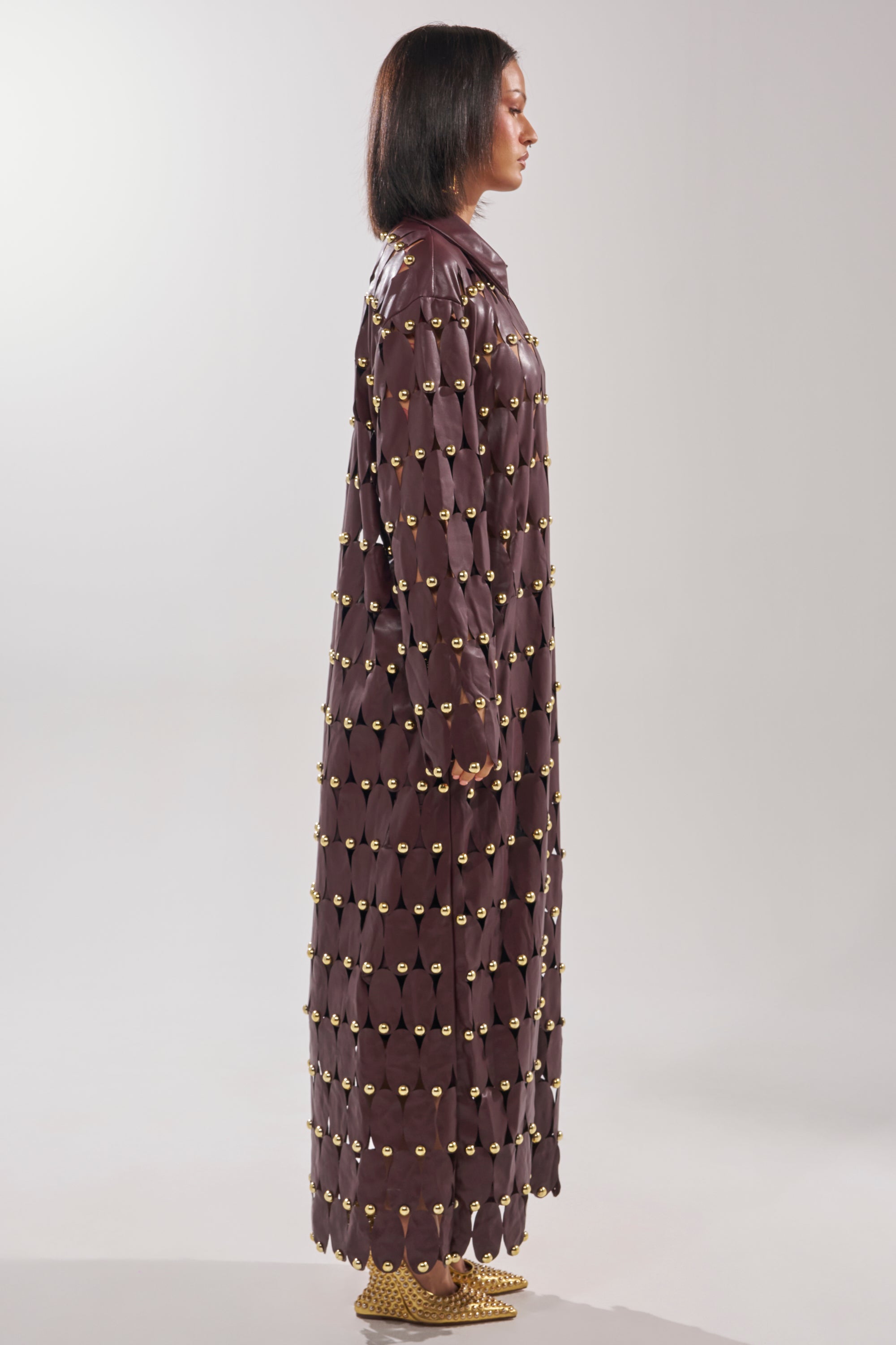 THE SNEAK PEEK STUDDED PU LONG CARDIGAN IN BURGUNDY