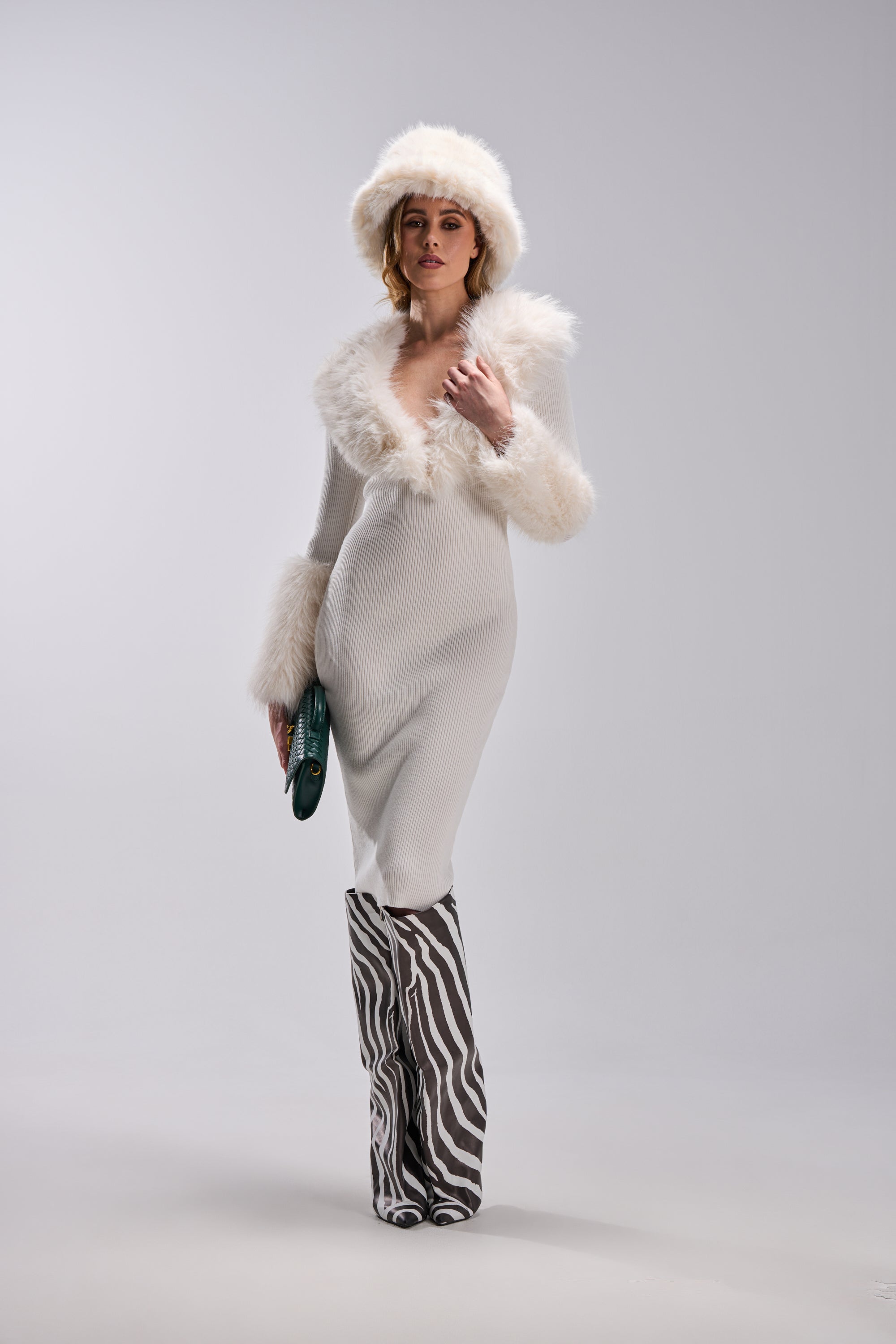 CELINE SWEATER MIDI DRESS WITH FUR TRIM
