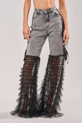 TICKED AND TIED LACE DETAIL FLARE DENIM