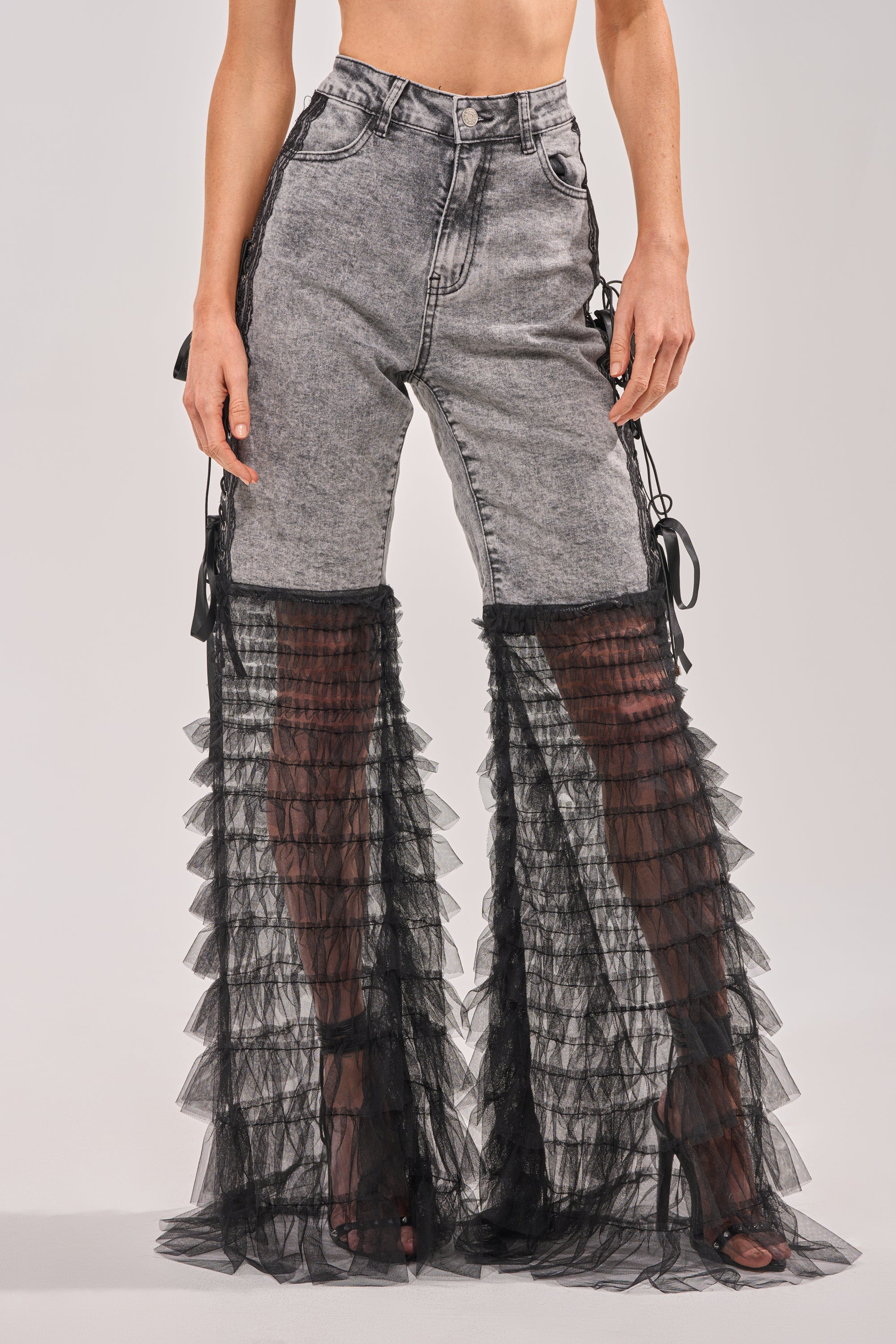 TICKED AND TIED LACE DETAIL FLARE DENIM