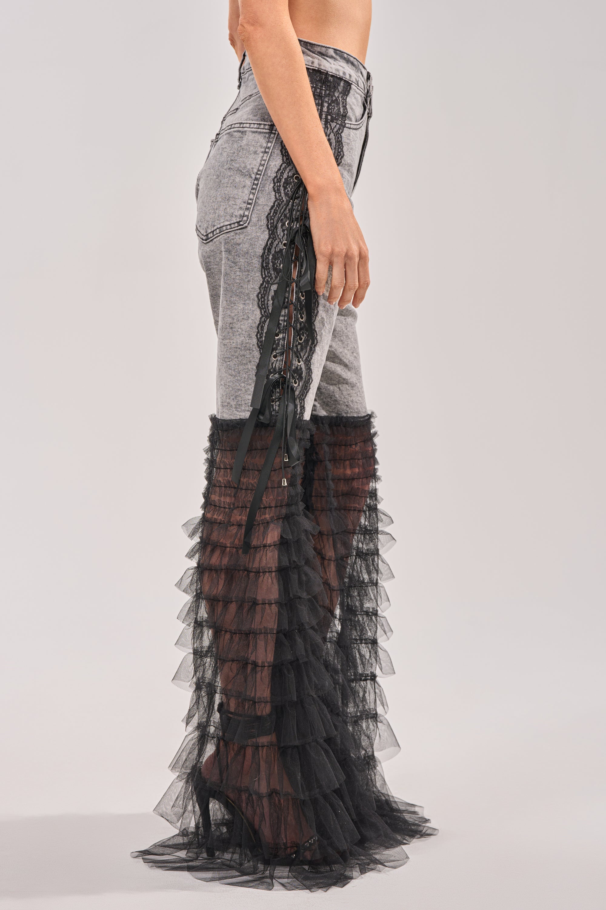 TICKED AND TIED LACE DETAIL FLARE DENIM