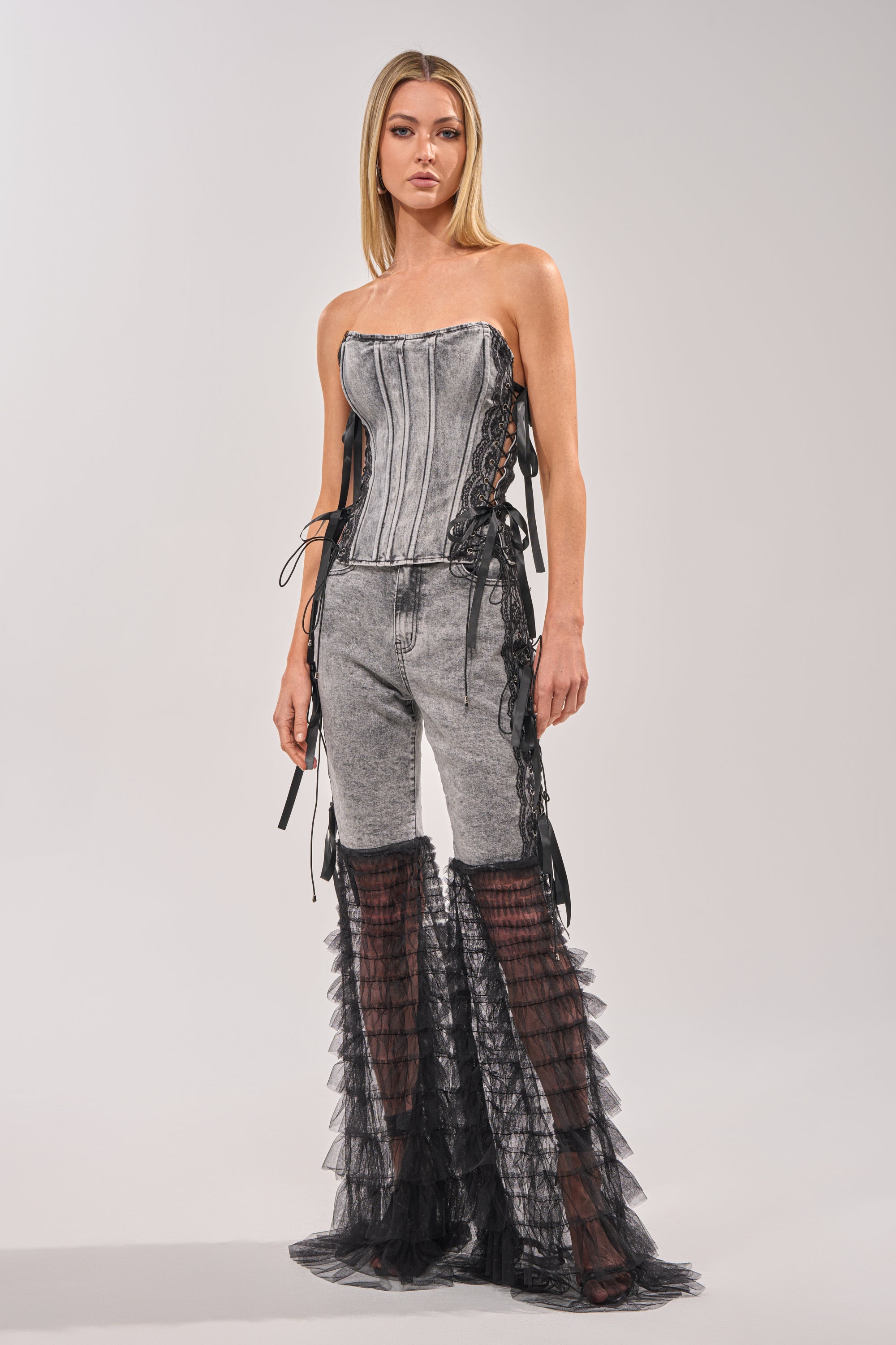 TICKED AND TIED LACE DETAIL FLARE DENIM