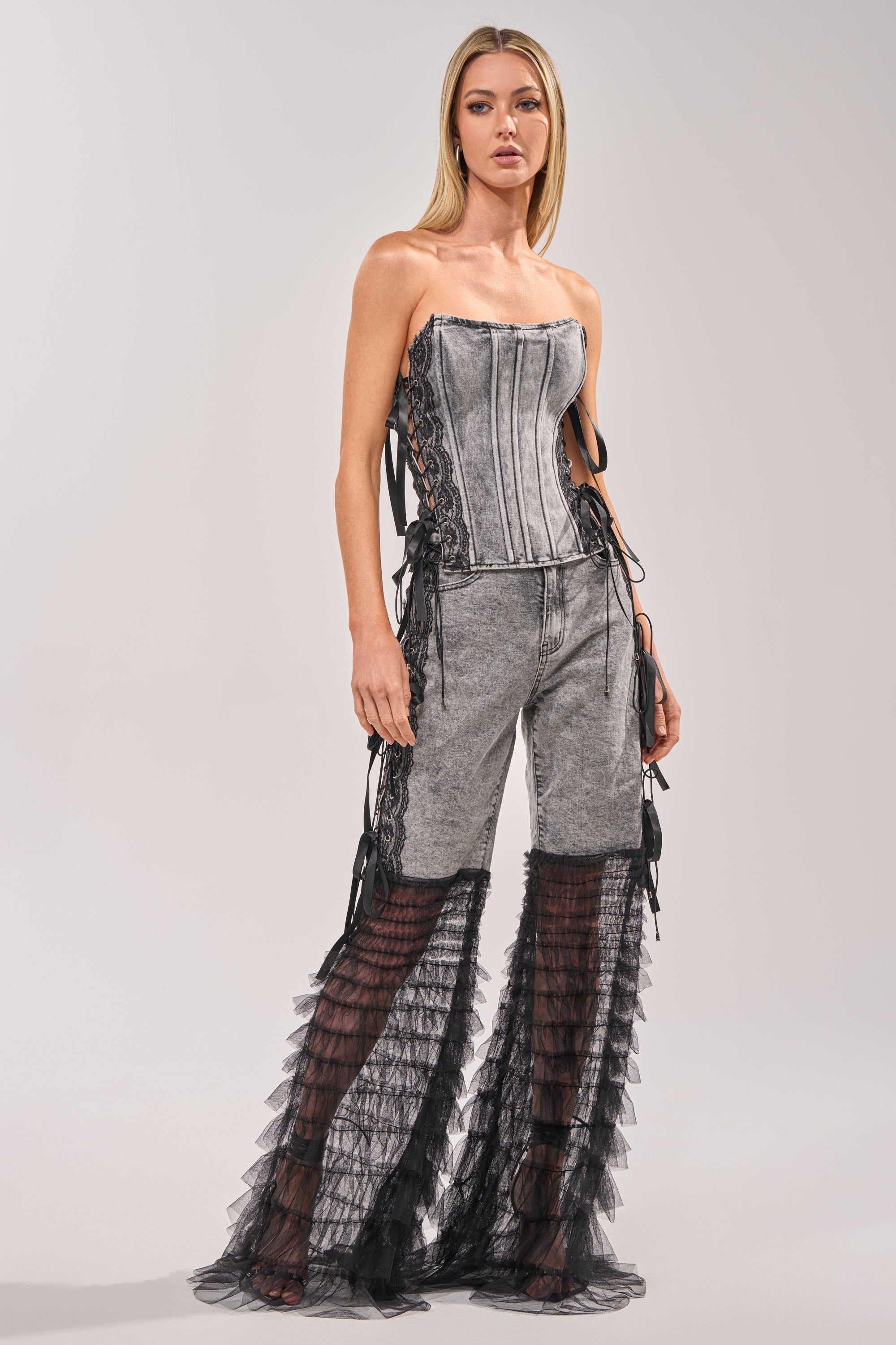 TICKED AND TIED LACE DETAIL DENIM CORSET