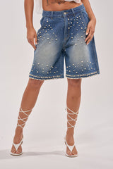 BLINGED OUT CARGO SHORTS IN MEDIUM BLUE DENIM