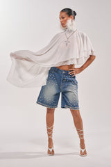 BLINGED OUT CARGO SHORTS IN MEDIUM BLUE DENIM