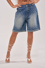 BLINGED OUT CARGO SHORTS IN MEDIUM BLUE DENIM