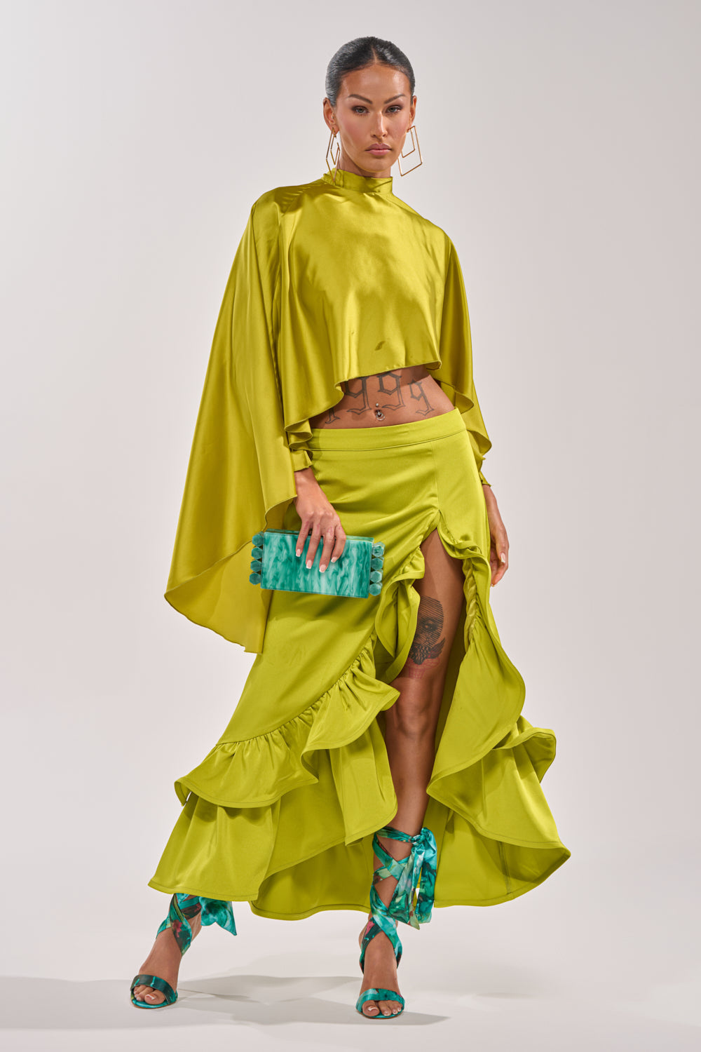 LADY LUXE RUCHED MIDI SKIRT WITH HIGH SLIT