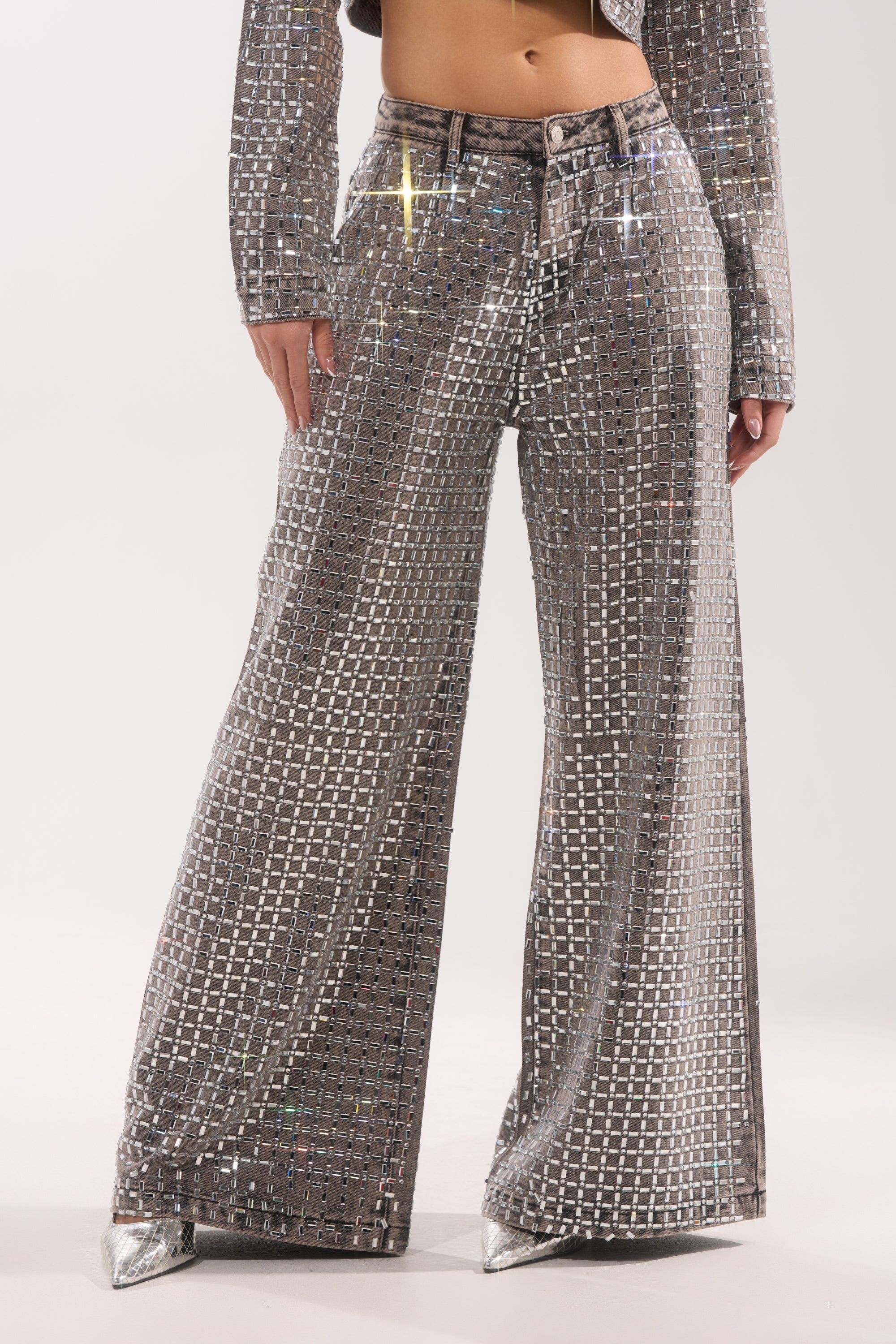 PICK N CHOOSE RHINESTONE WIDE LEG DENIM IN GREY