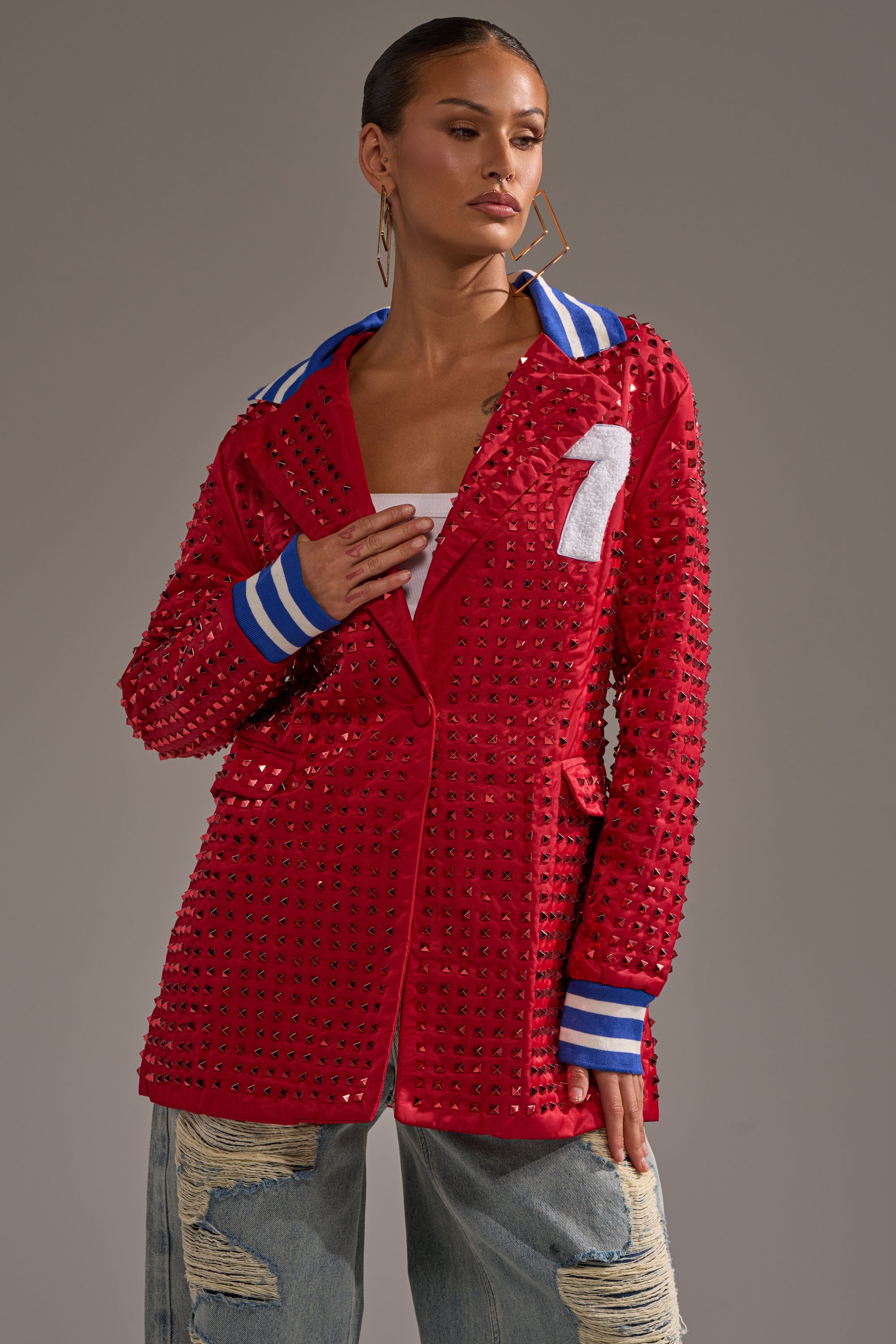 FIRST ROUND DRAFT PICK STUDDED BLAZER IN RED