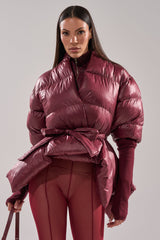 RIB SLEEVE PEPLUM PUFFER IN BURGUNDY
