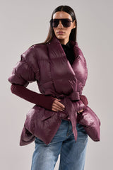 RIB SLEEVE PEPLUM PUFFER IN PURPLE