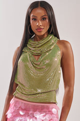 IN MY MIND HOODED CHAINMAIL TOP IN GREEN
