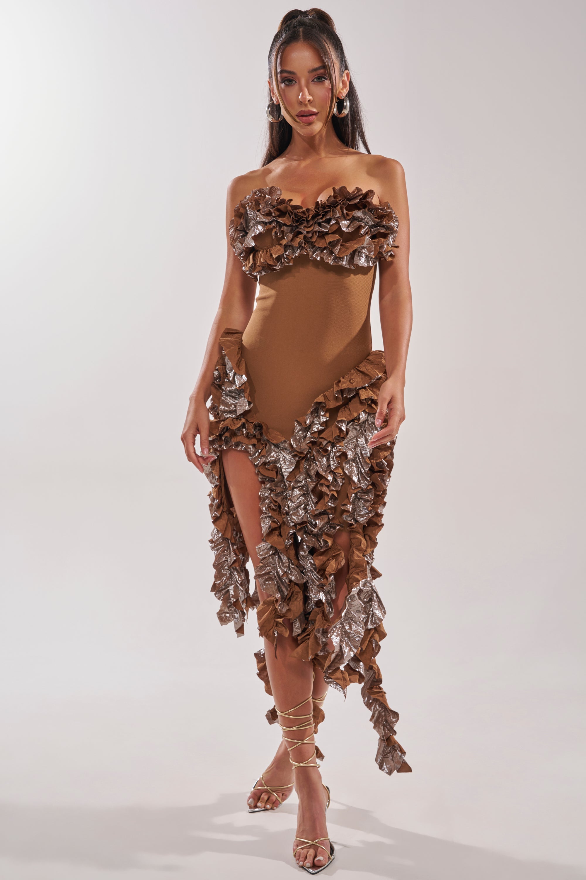 CITY LIGHTS RUFFLE MIDI DRESS IN BRONZE