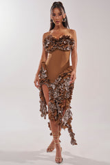 CITY LIGHTS RUFFLE MIDI DRESS IN BRONZE